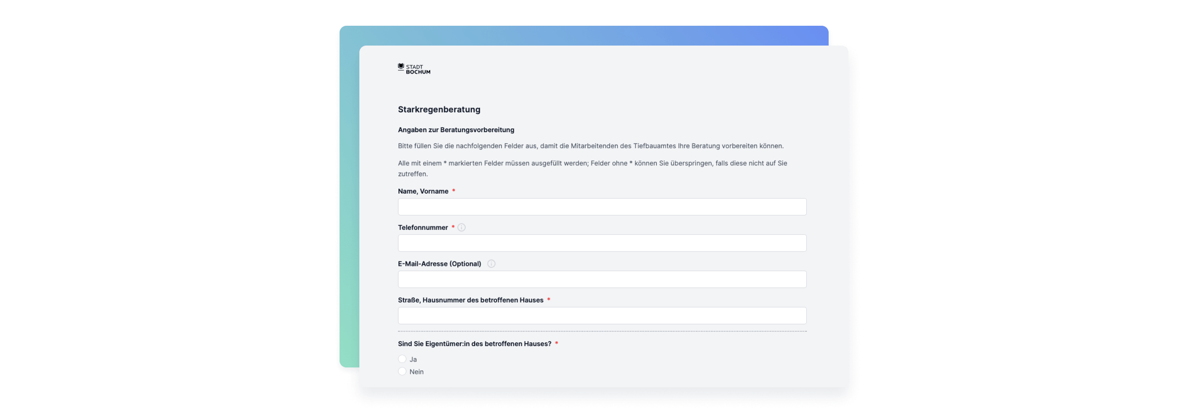 Das Formular auf der Webseite des Tiefbauamts der Stadt Bochum